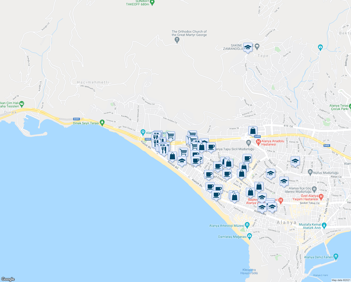 map of restaurants, bars, coffee shops, grocery stores, and more near 19 Mersin - Antalya Yolu in Alanya
