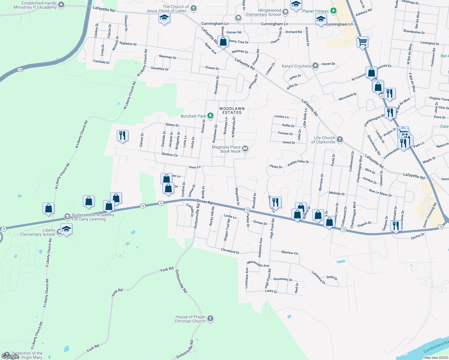 map of restaurants, bars, coffee shops, grocery stores, and more near 102 Lilac Court in Clarksville
