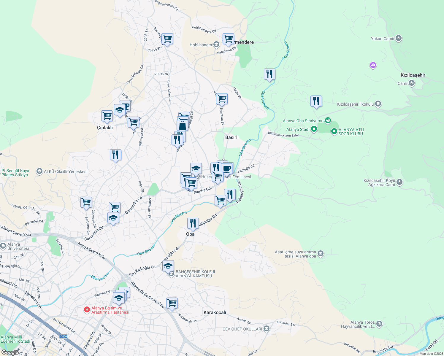 map of restaurants, bars, coffee shops, grocery stores, and more near 89/A Çarşamba Caddesi in Alanya