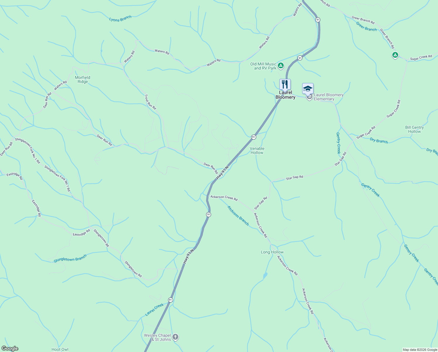 map of restaurants, bars, coffee shops, grocery stores, and more near 6258 Highway 91 in Mountain City