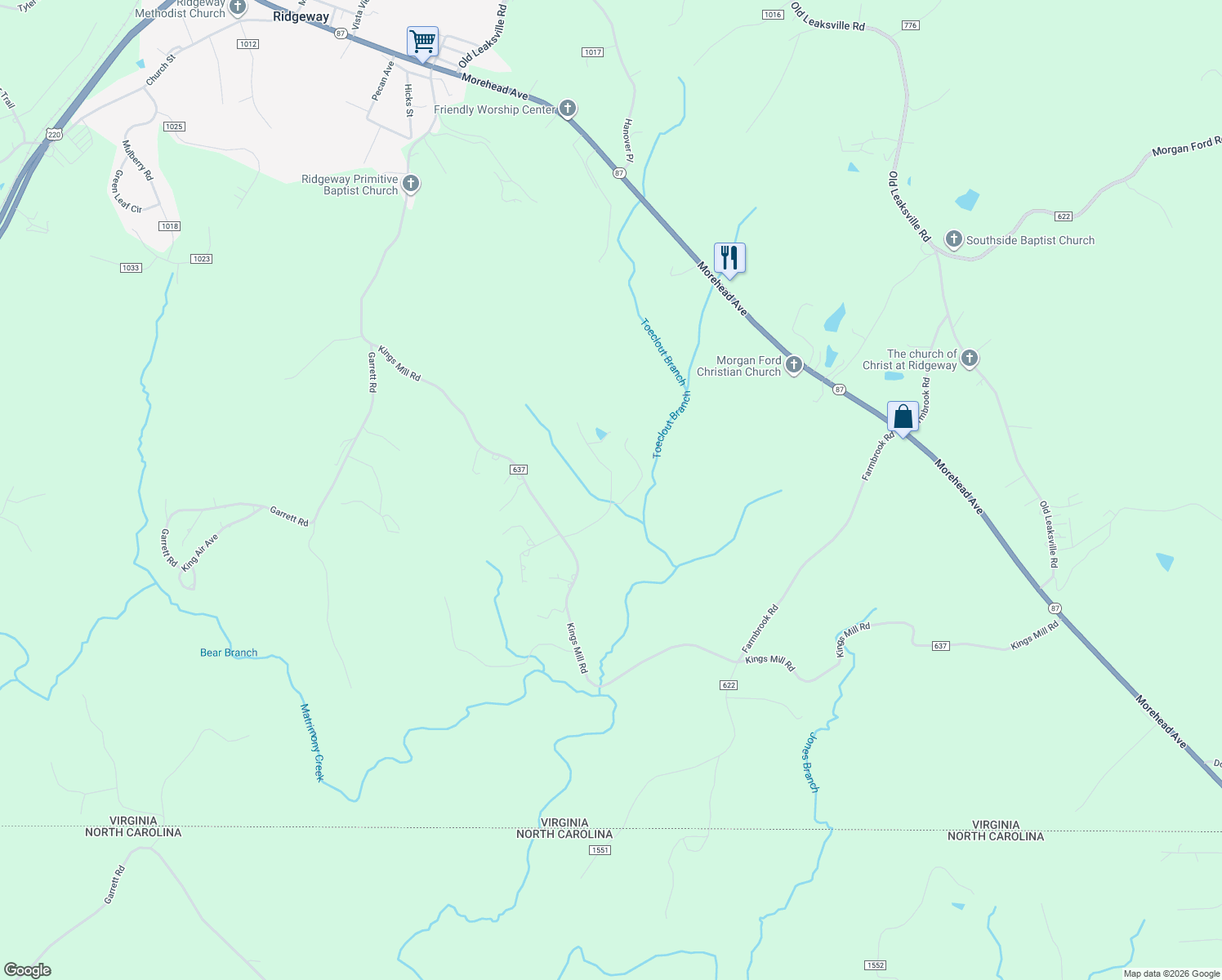 map of restaurants, bars, coffee shops, grocery stores, and more near 473 Bunk Creek Drive in Ridgeway
