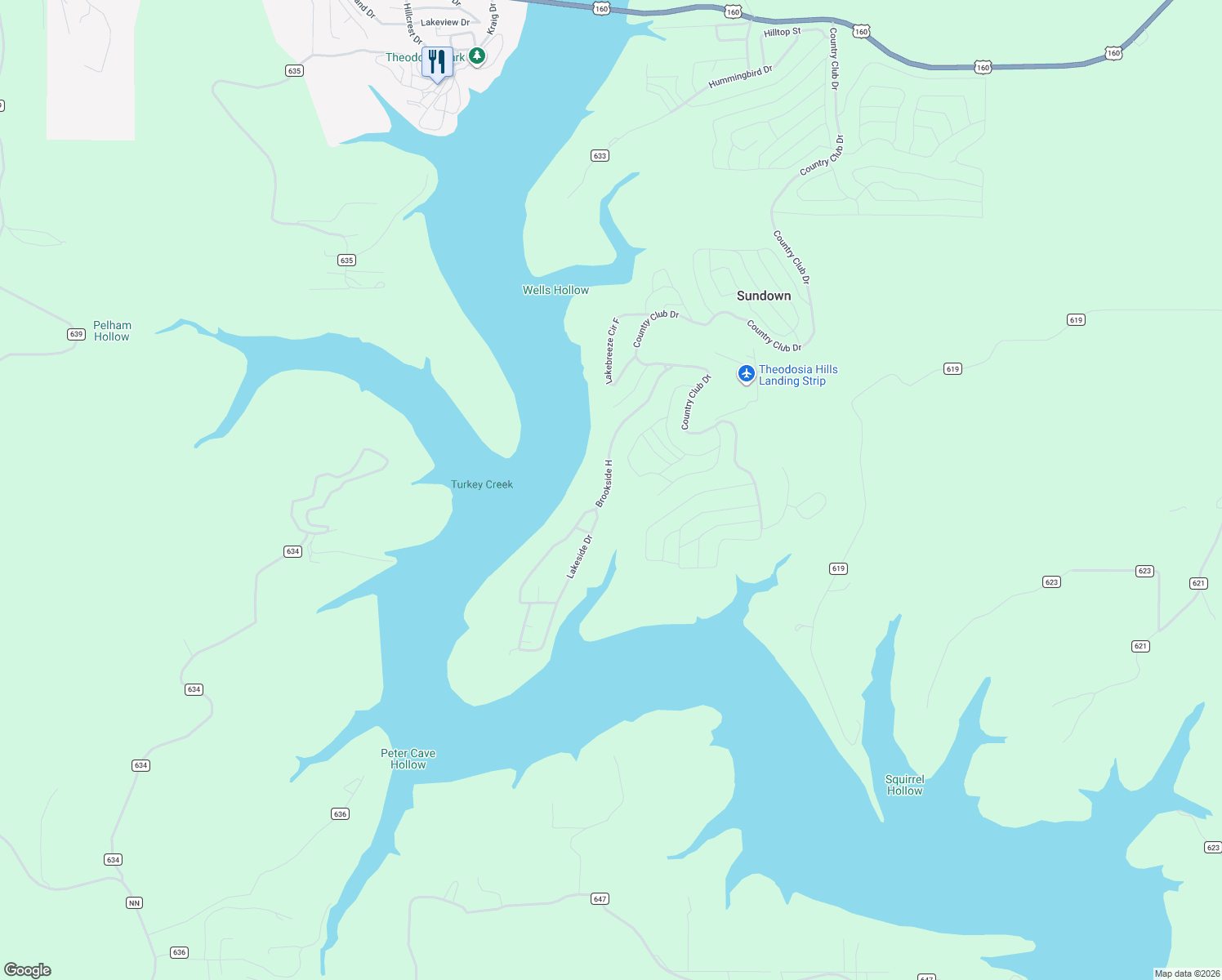 map of restaurants, bars, coffee shops, grocery stores, and more near 464 Lakeside Drive in Theodosia