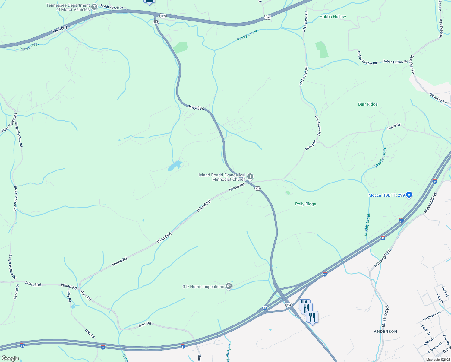 map of restaurants, bars, coffee shops, grocery stores, and more near 2743 Island Road in Blountville