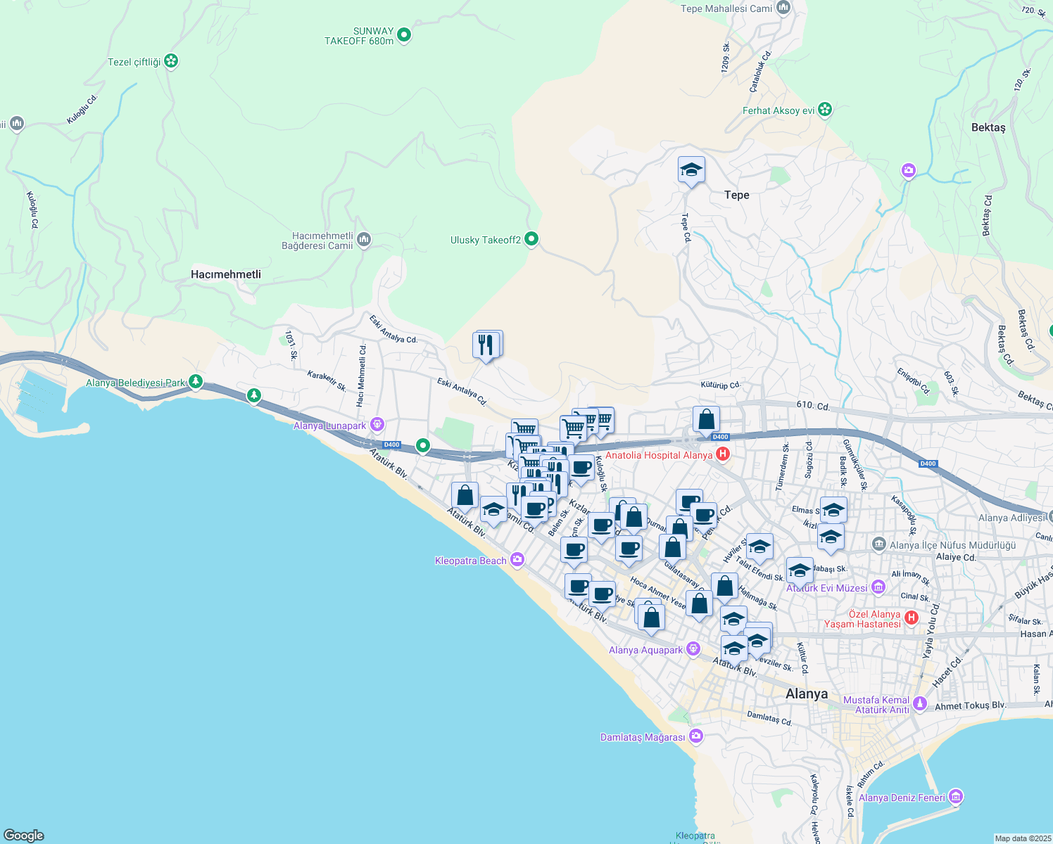 map of restaurants, bars, coffee shops, grocery stores, and more near Eski Antalya Caddesi in Alanya