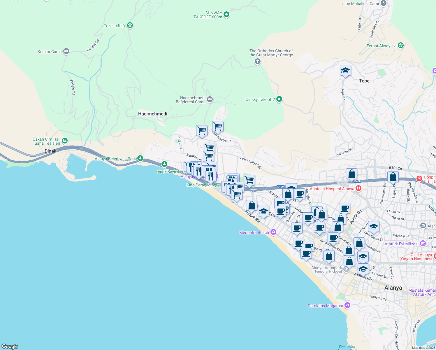 map of restaurants, bars, coffee shops, grocery stores, and more near 209 Asri Mezarlık Caddesi in Alanya