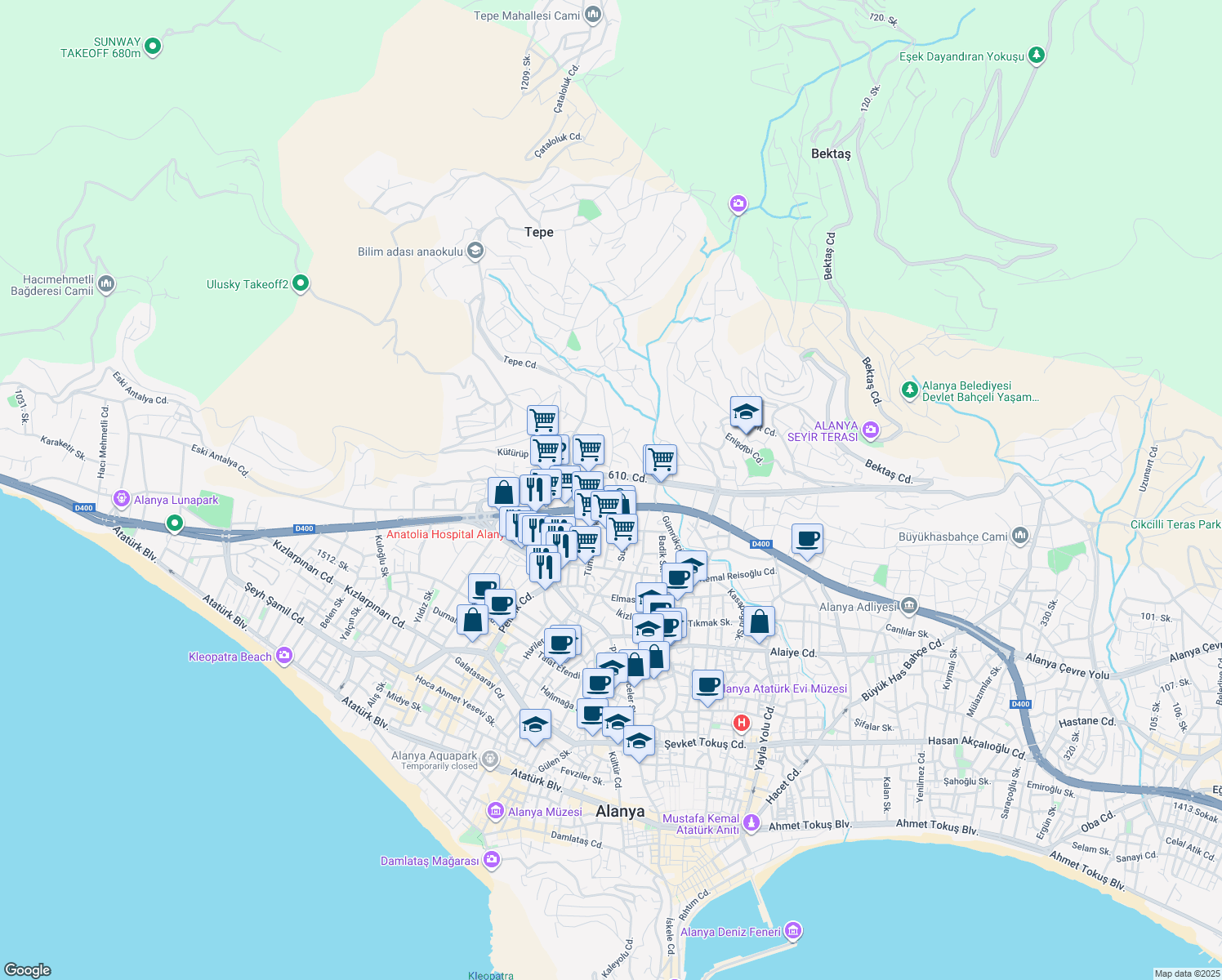 map of restaurants, bars, coffee shops, grocery stores, and more near No:95 Sugözü Caddesi in Alanya