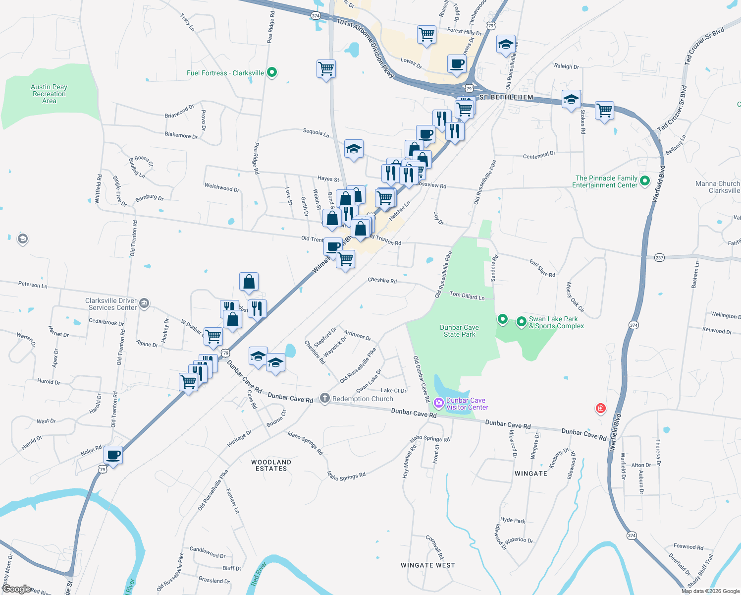 map of restaurants, bars, coffee shops, grocery stores, and more near 210 Trey Court in Clarksville