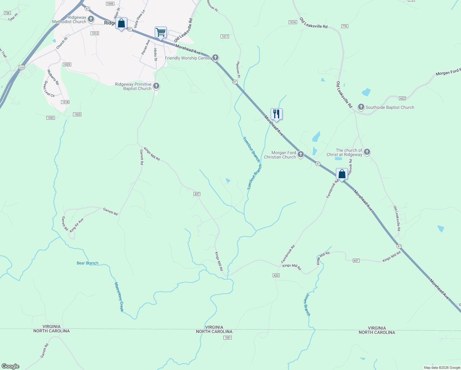 map of restaurants, bars, coffee shops, grocery stores, and more near 473 Bunk Creek Drive in Ridgeway