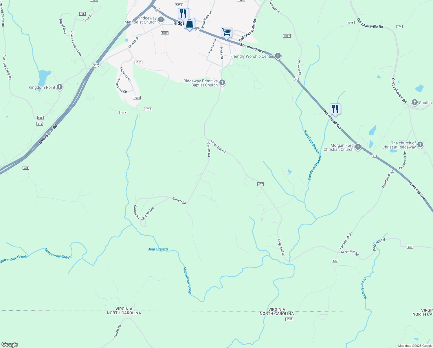map of restaurants, bars, coffee shops, grocery stores, and more near 263 Garrett Road in Ridgeway
