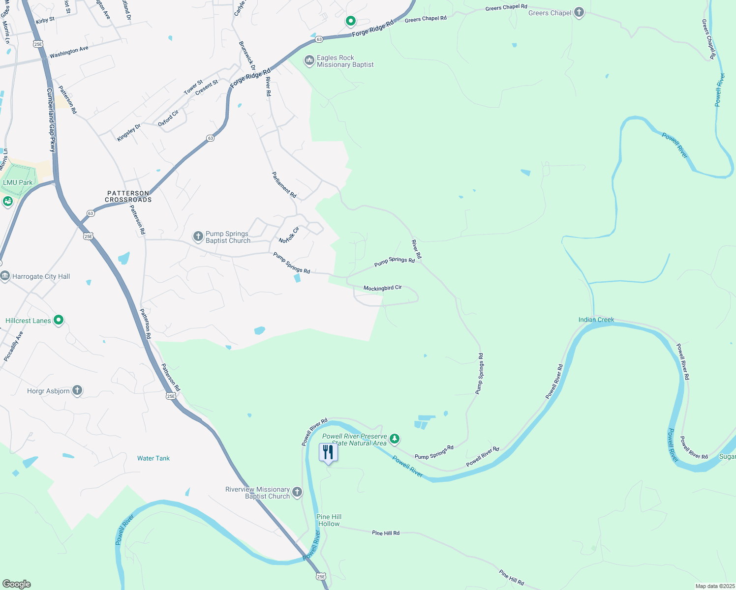 map of restaurants, bars, coffee shops, grocery stores, and more near 454 Mockingbird Circle in Harrogate