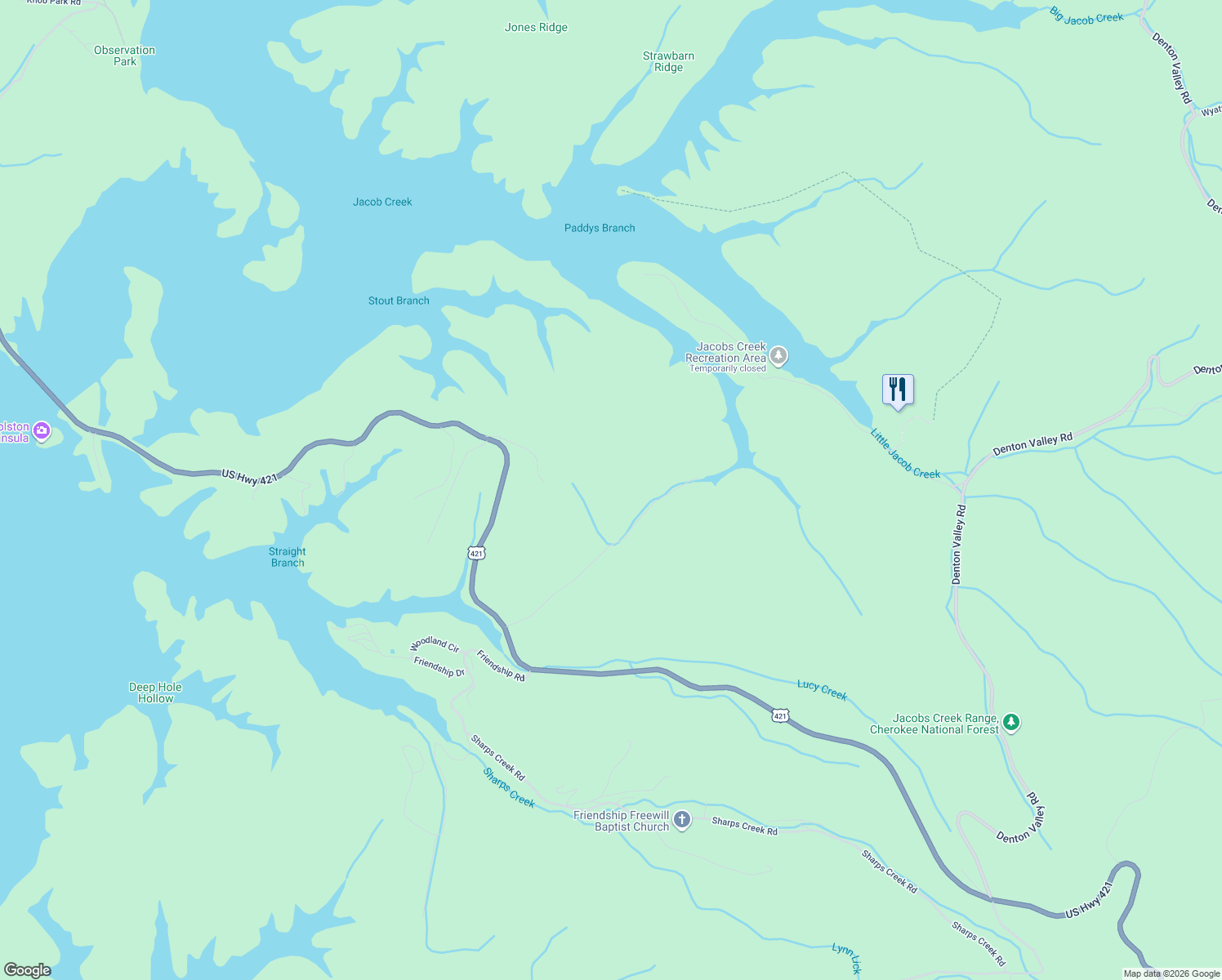 map of restaurants, bars, coffee shops, grocery stores, and more near 233-399 Patty Branch Road in Bristol