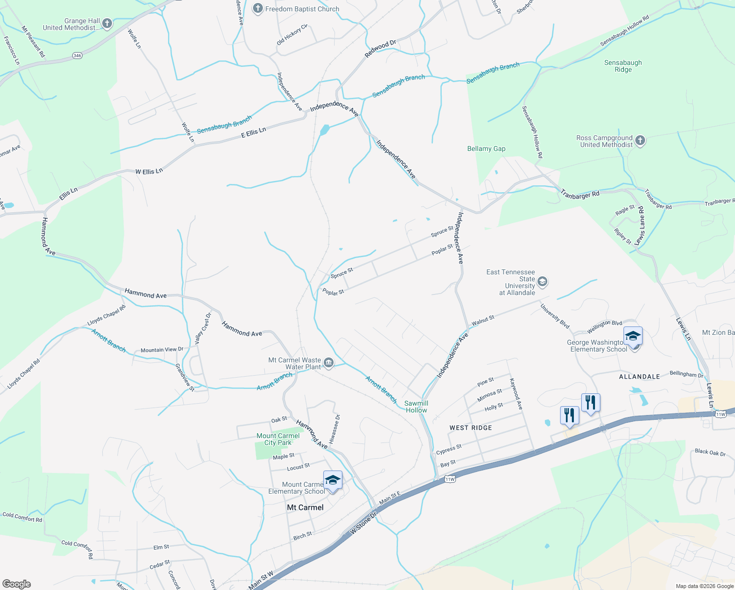 map of restaurants, bars, coffee shops, grocery stores, and more near 818 7 Oaks Drive in Mount Carmel