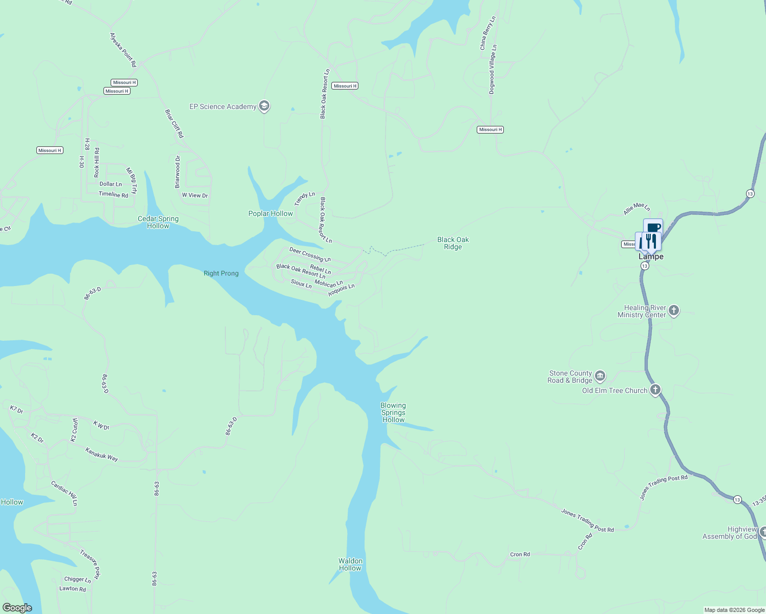 map of restaurants, bars, coffee shops, grocery stores, and more near Broken Arrow Road in Lampe