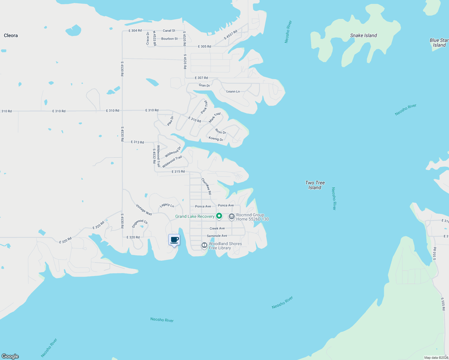 map of restaurants, bars, coffee shops, grocery stores, and more near 453601-453799 E 315 Rd in Cleora