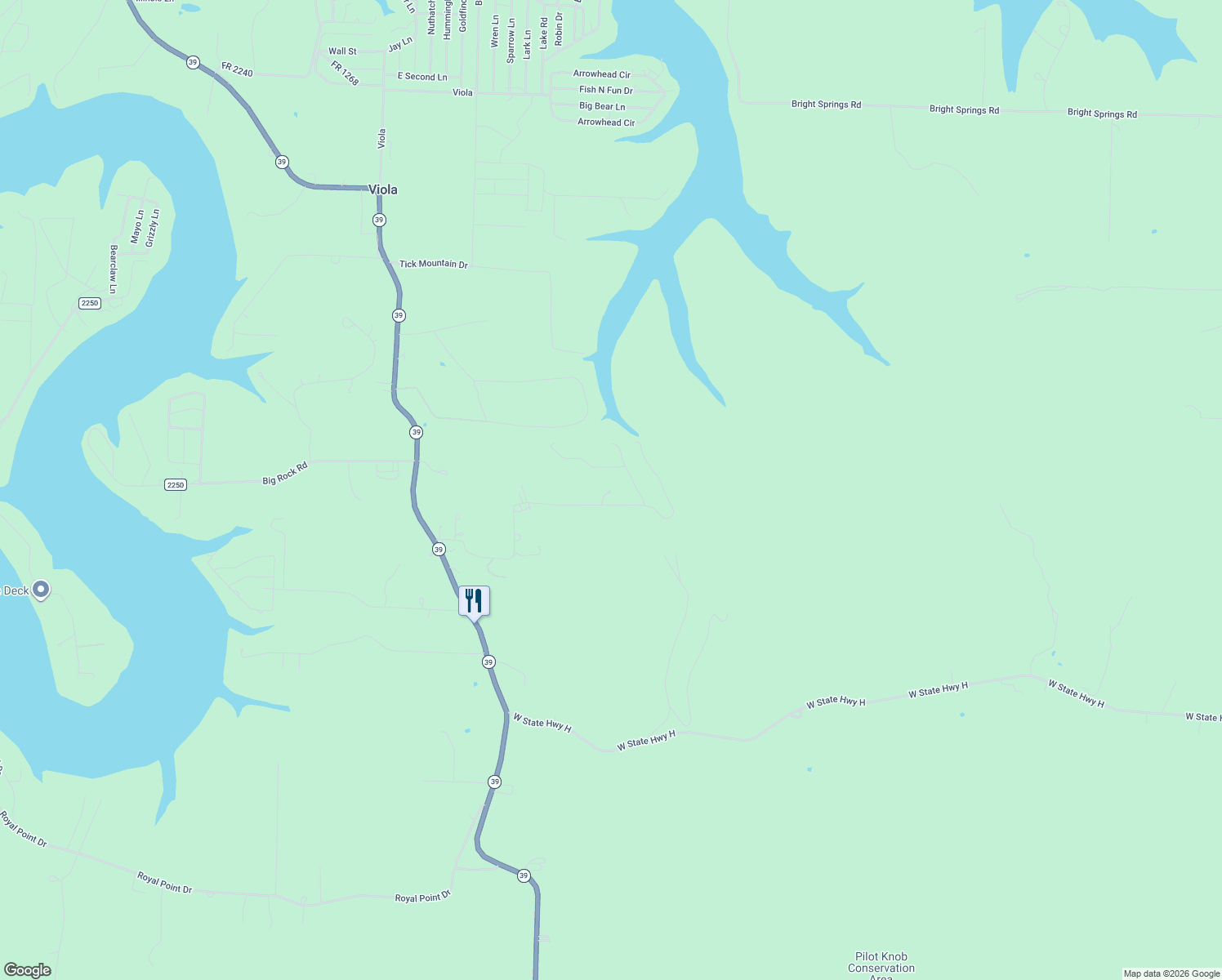 map of restaurants, bars, coffee shops, grocery stores, and more near 671 Rocky Road Lane in Shell Knob