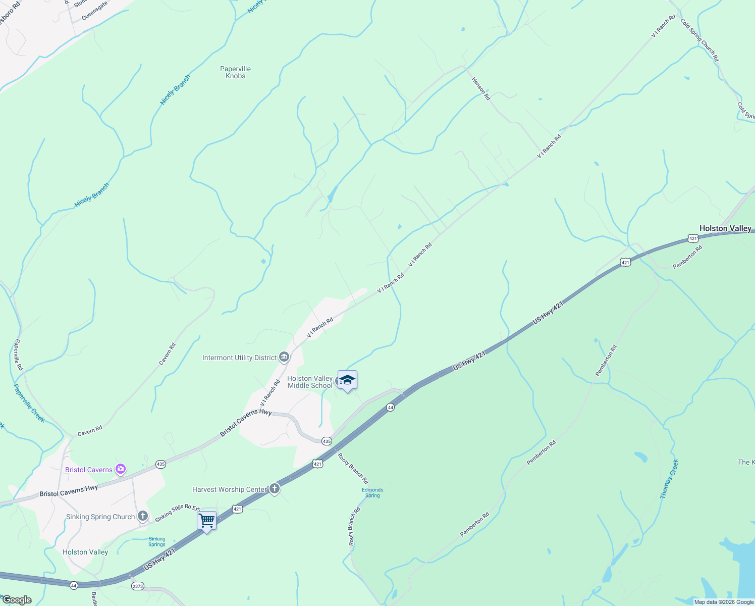 map of restaurants, bars, coffee shops, grocery stores, and more near 514 V I Ranch Road in Bristol