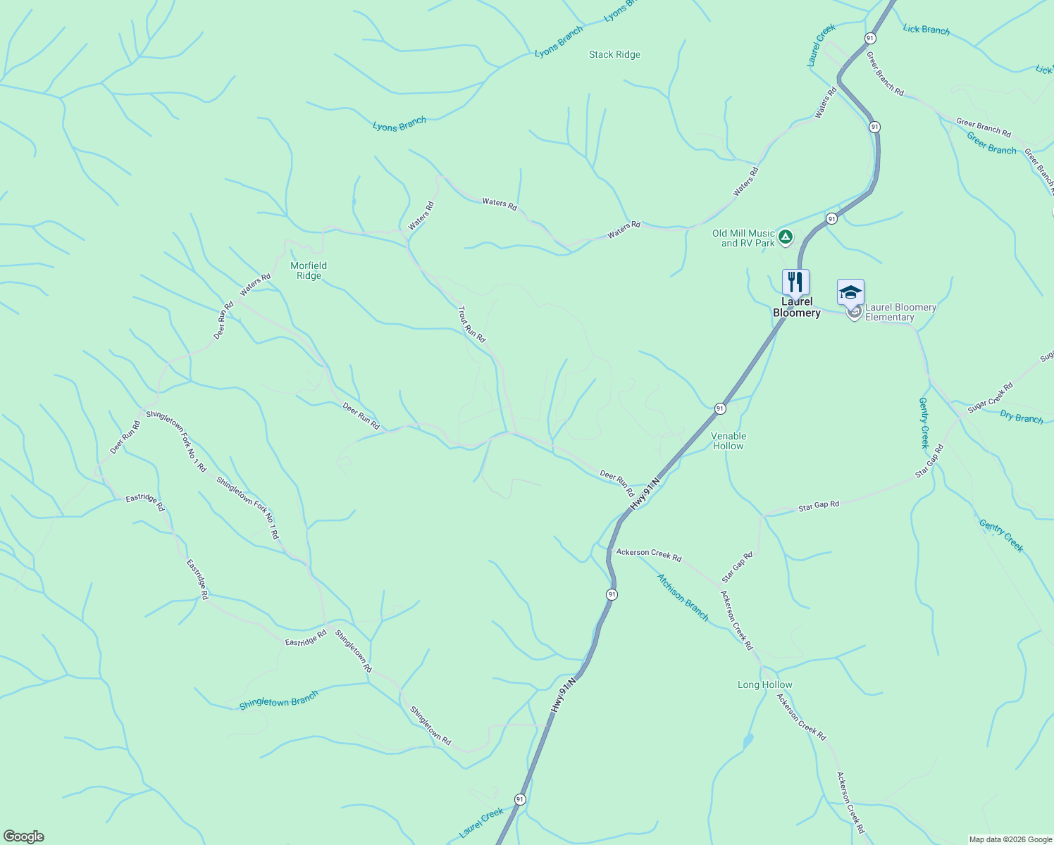 map of restaurants, bars, coffee shops, grocery stores, and more near 146 Trout Run Road in Mountain City