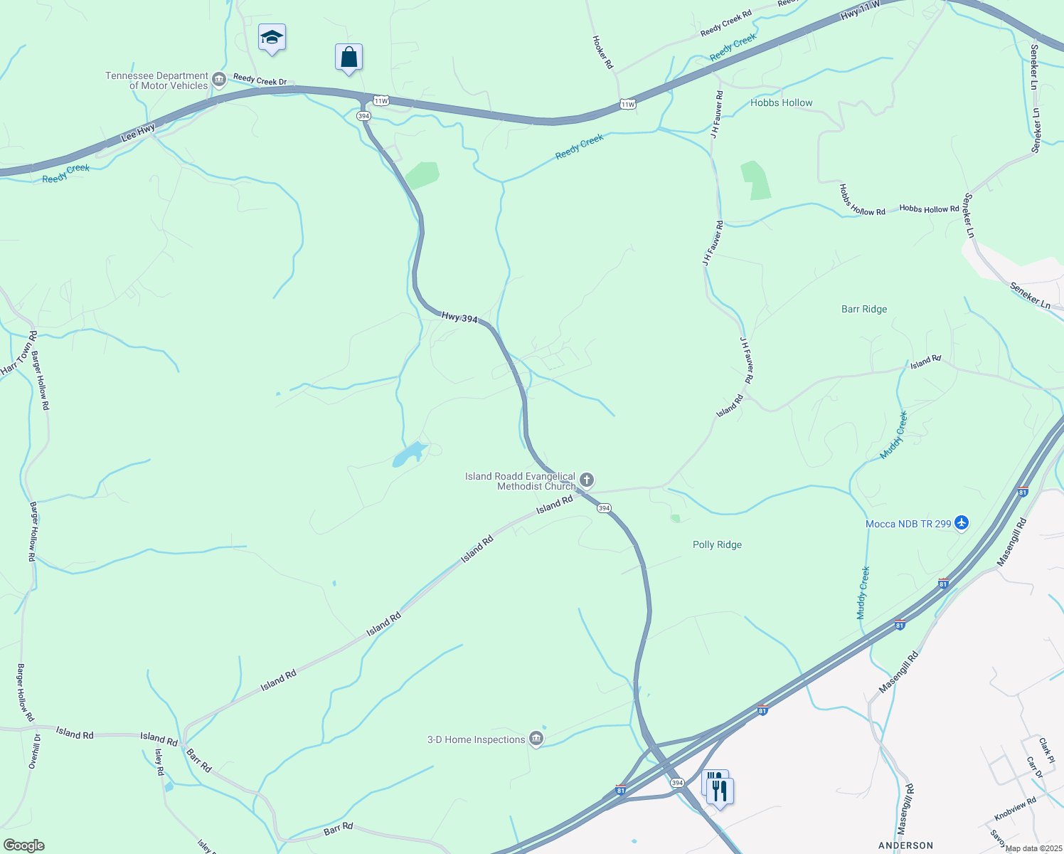 map of restaurants, bars, coffee shops, grocery stores, and more near 633-655 Highway 394 in Blountville