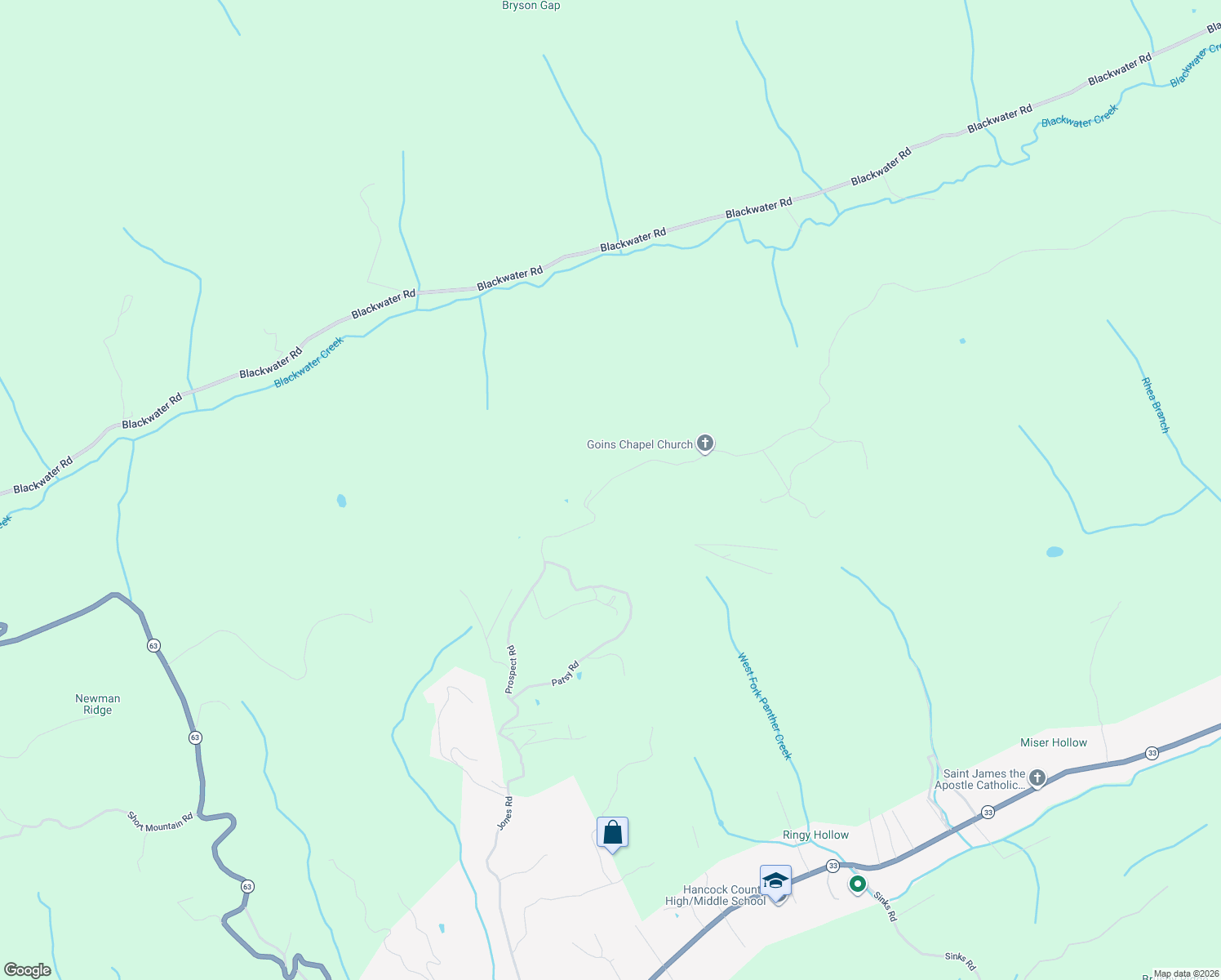 map of restaurants, bars, coffee shops, grocery stores, and more near 1314 Prospect Road in Sneedville