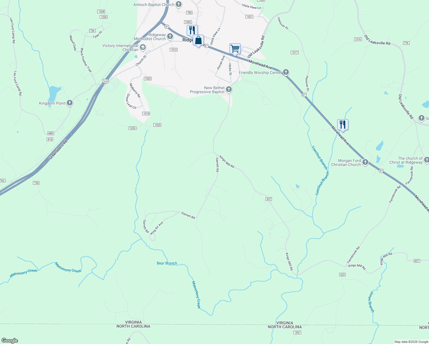 map of restaurants, bars, coffee shops, grocery stores, and more near 116 Garrett Road in Ridgeway