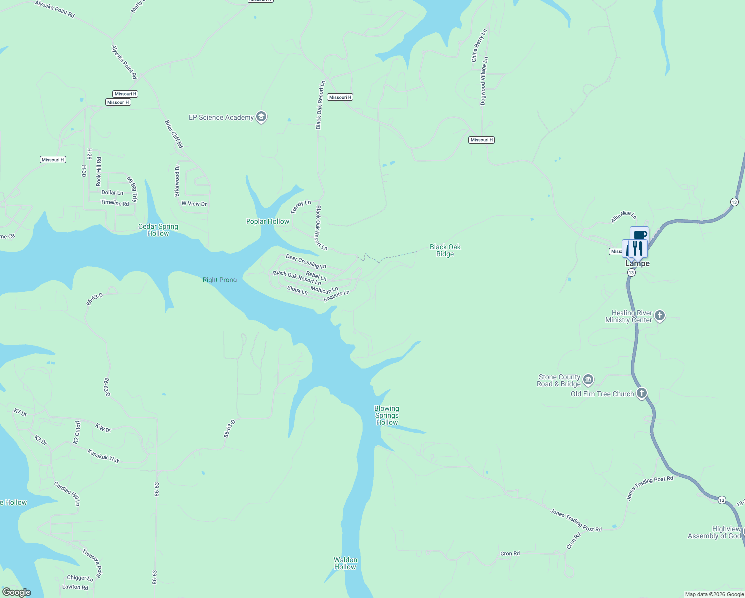 map of restaurants, bars, coffee shops, grocery stores, and more near Broken Arrow Road in Lampe
