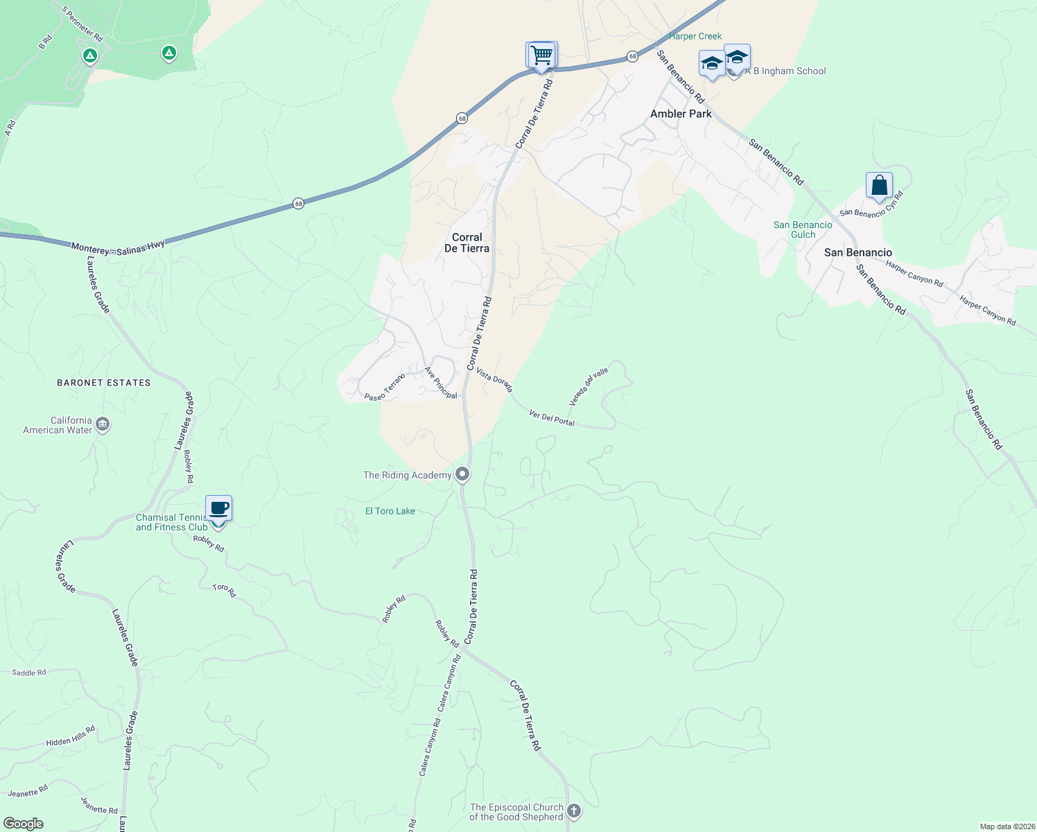 map of restaurants, bars, coffee shops, grocery stores, and more near 25350 Markham Lane in Salinas