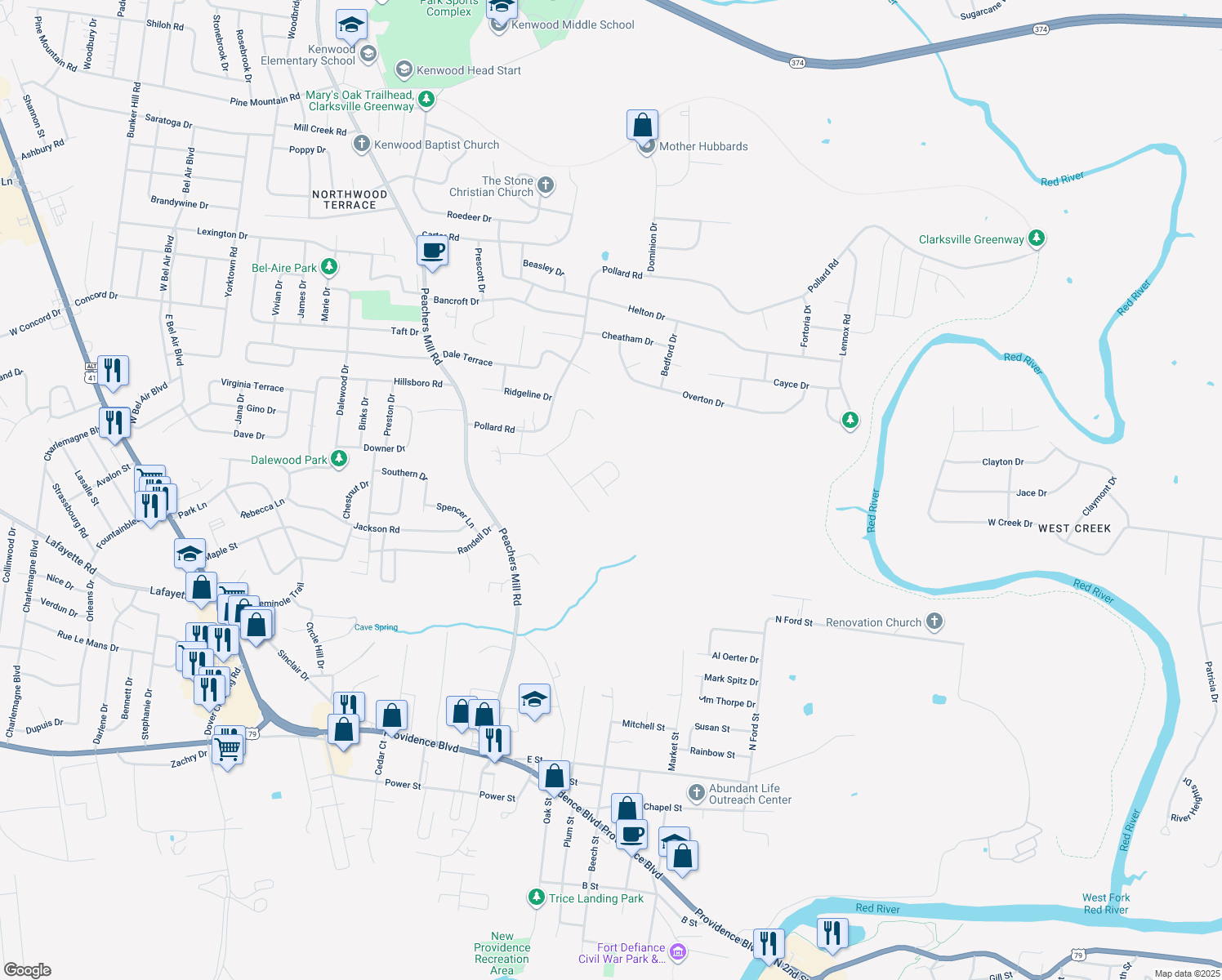 map of restaurants, bars, coffee shops, grocery stores, and more near 431 Sarah Drive in Clarksville