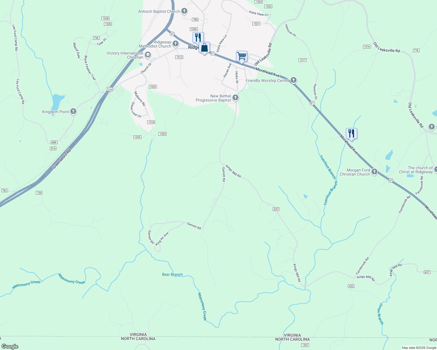 map of restaurants, bars, coffee shops, grocery stores, and more near 116 Garrett Road in Ridgeway