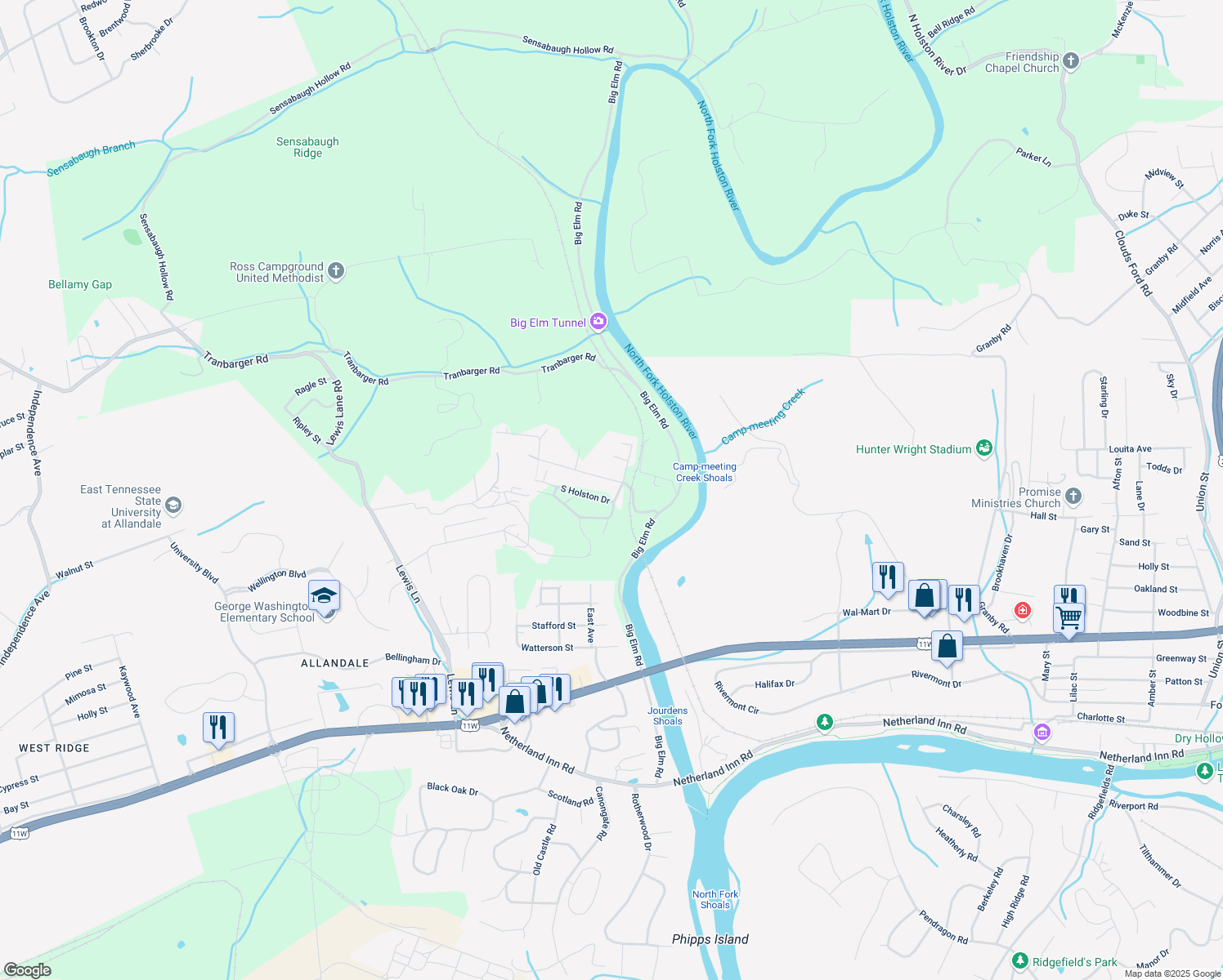 map of restaurants, bars, coffee shops, grocery stores, and more near 106 South Holston Drive in Church Hill