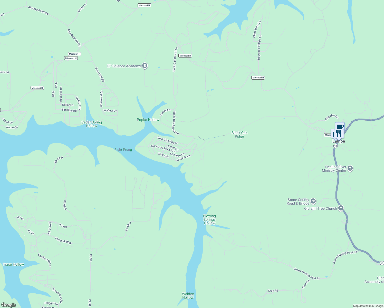 map of restaurants, bars, coffee shops, grocery stores, and more near 1-97 Rebel Ln in Lampe
