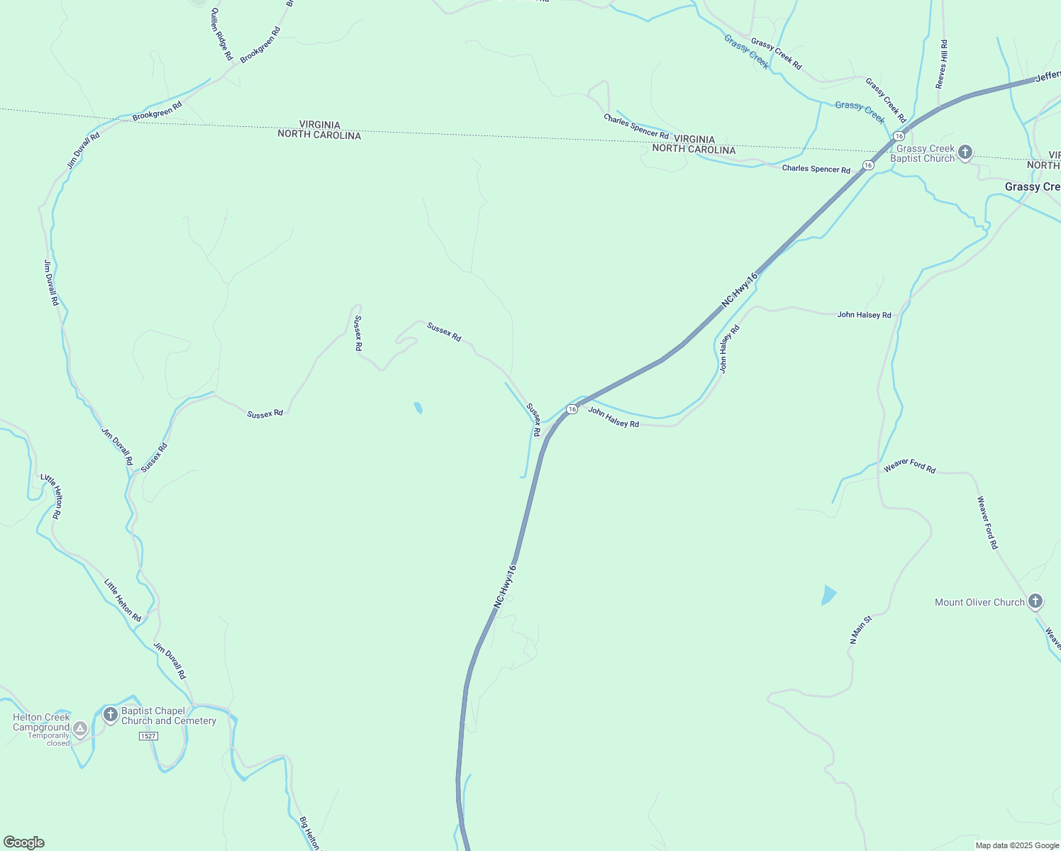 map of restaurants, bars, coffee shops, grocery stores, and more near 185 Sussex Road in Grassy Creek