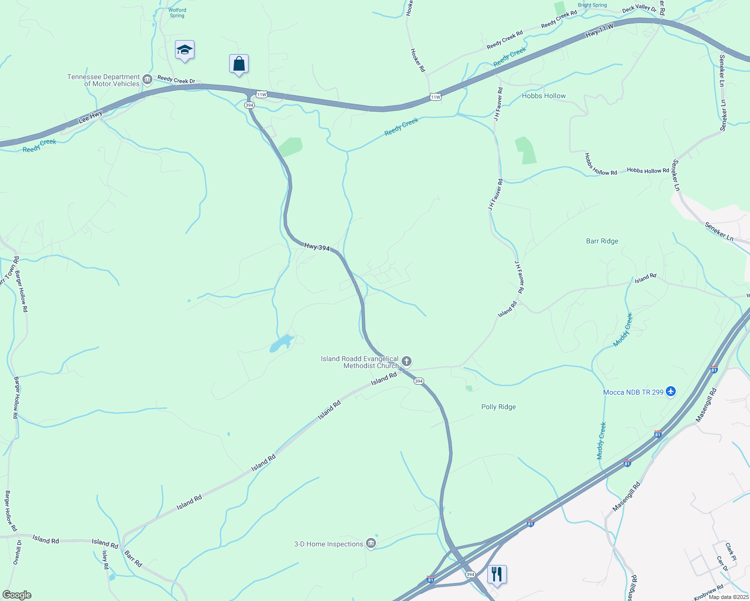 map of restaurants, bars, coffee shops, grocery stores, and more near 633 Tennessee 394 in Blountville