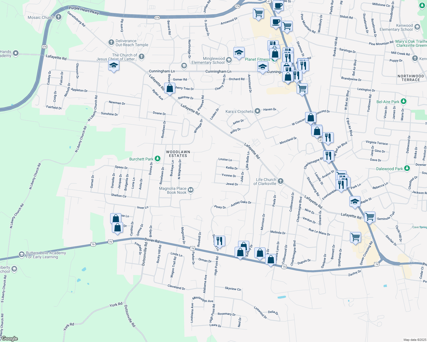 map of restaurants, bars, coffee shops, grocery stores, and more near 412 Louise Lane in Clarksville