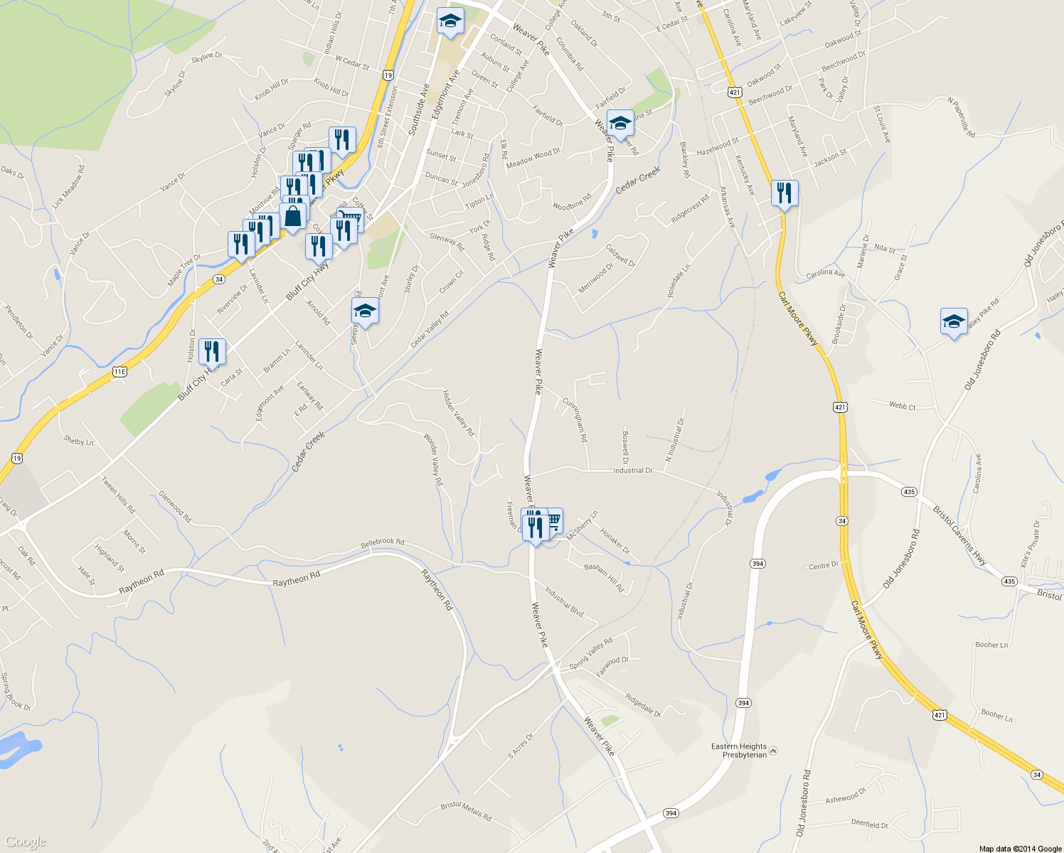 map of restaurants, bars, coffee shops, grocery stores, and more near 1925 Weaver Pike in Bristol