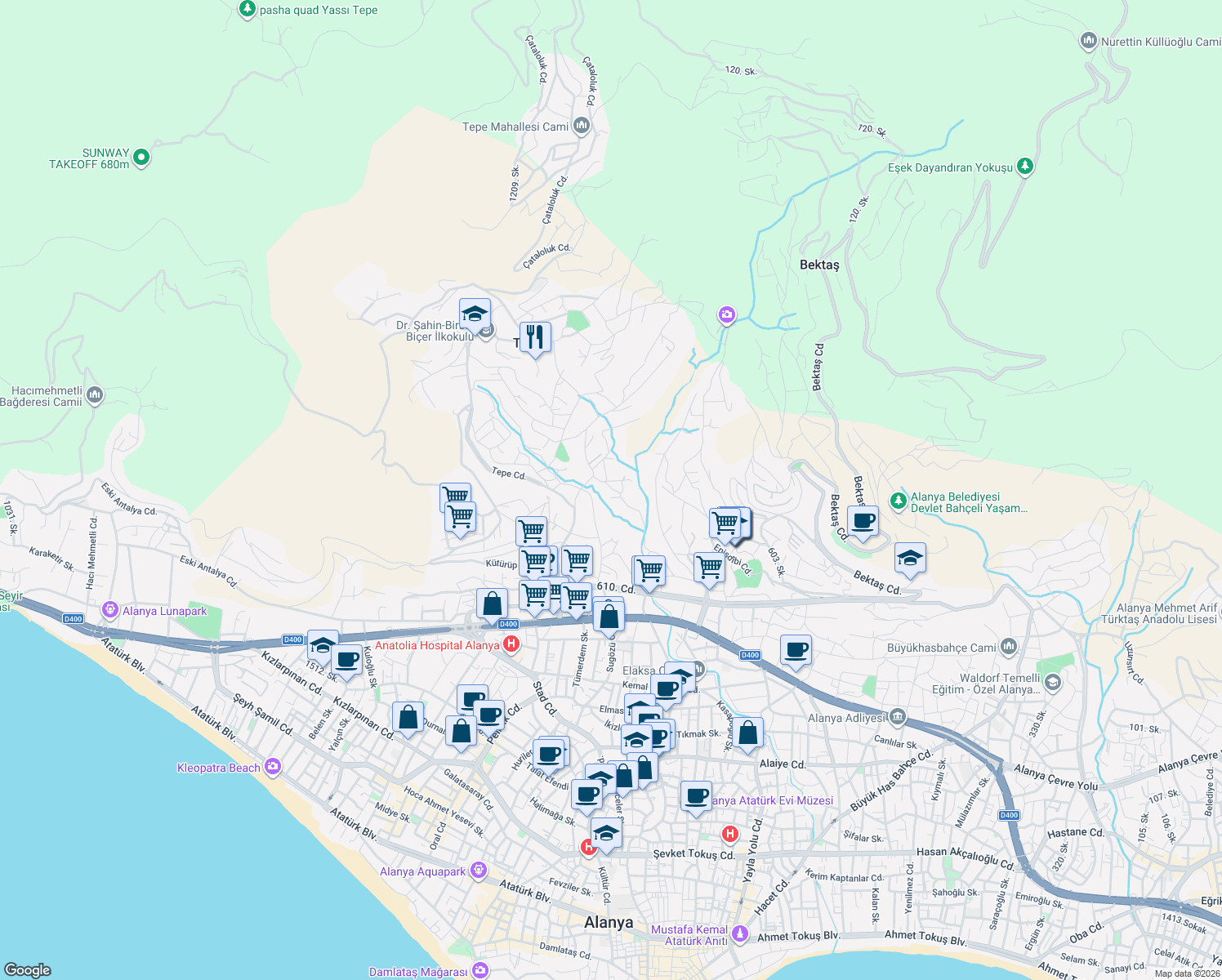 map of restaurants, bars, coffee shops, grocery stores, and more near 9B Çinioğlu Sokak in Alanya