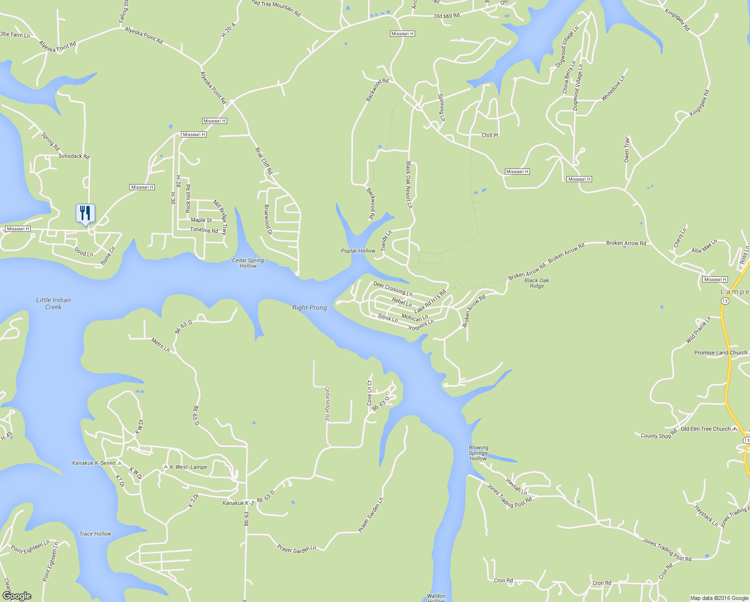 map of restaurants, bars, coffee shops, grocery stores, and more near 448 Mohican Lane in Lampe