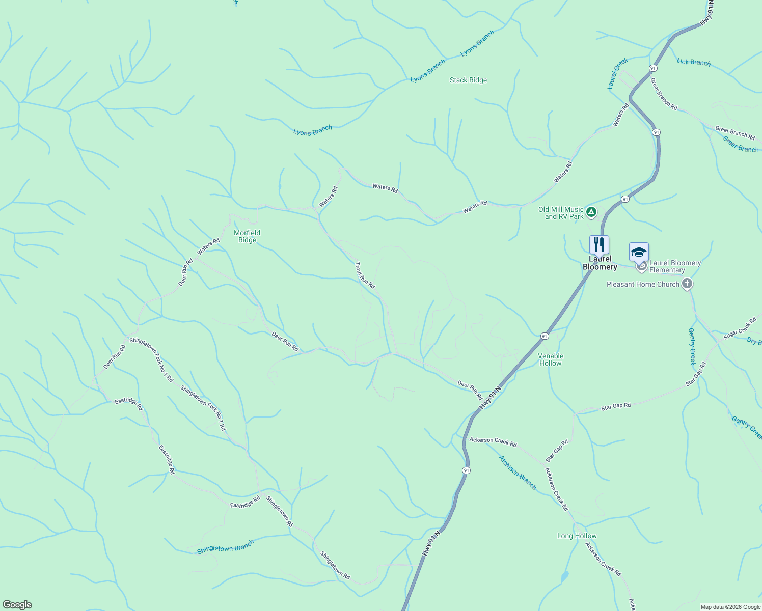 map of restaurants, bars, coffee shops, grocery stores, and more near 427 Trout Run Road in Mountain City