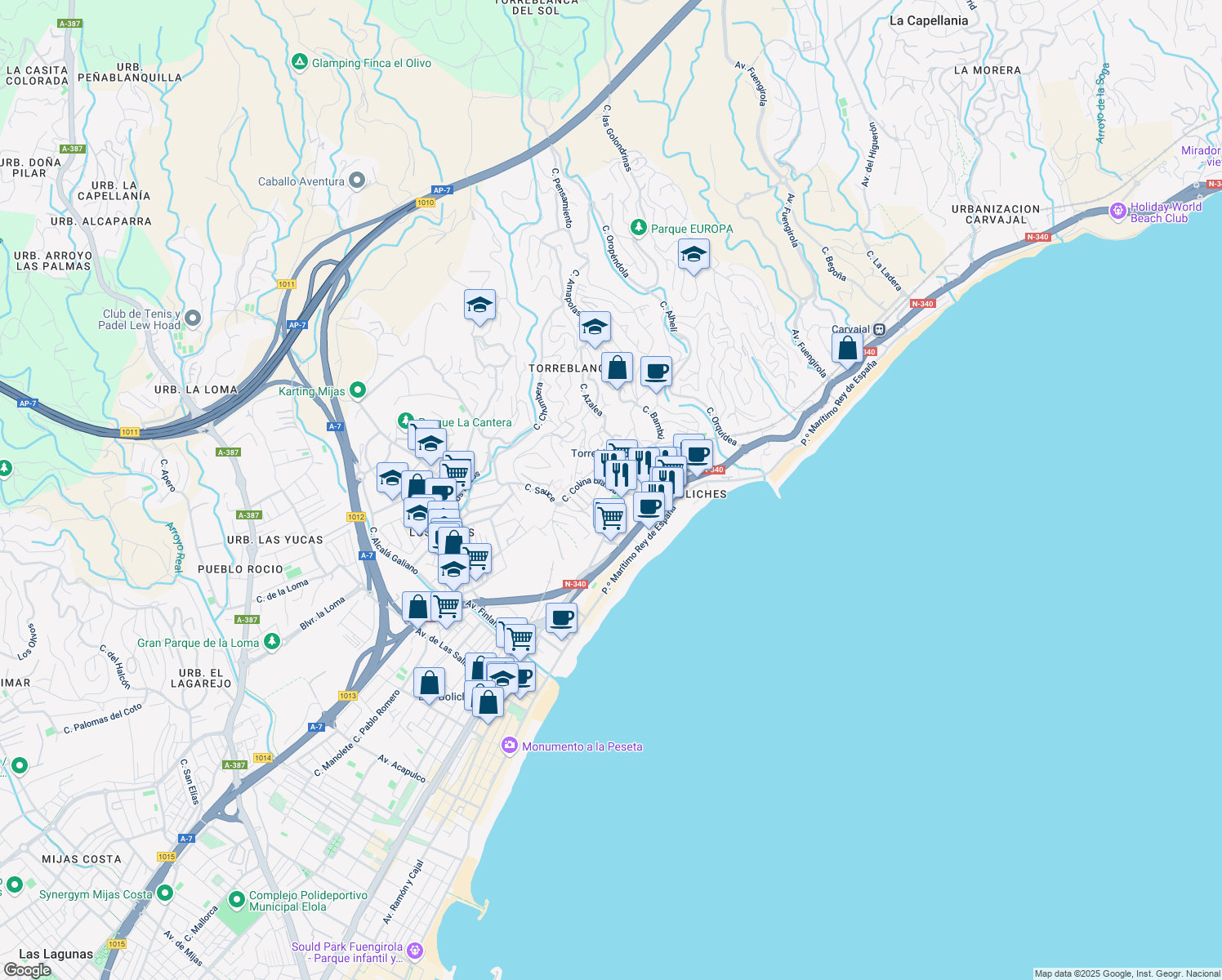 map of restaurants, bars, coffee shops, grocery stores, and more near 1 Calle Colina Blanca in Fuengirola