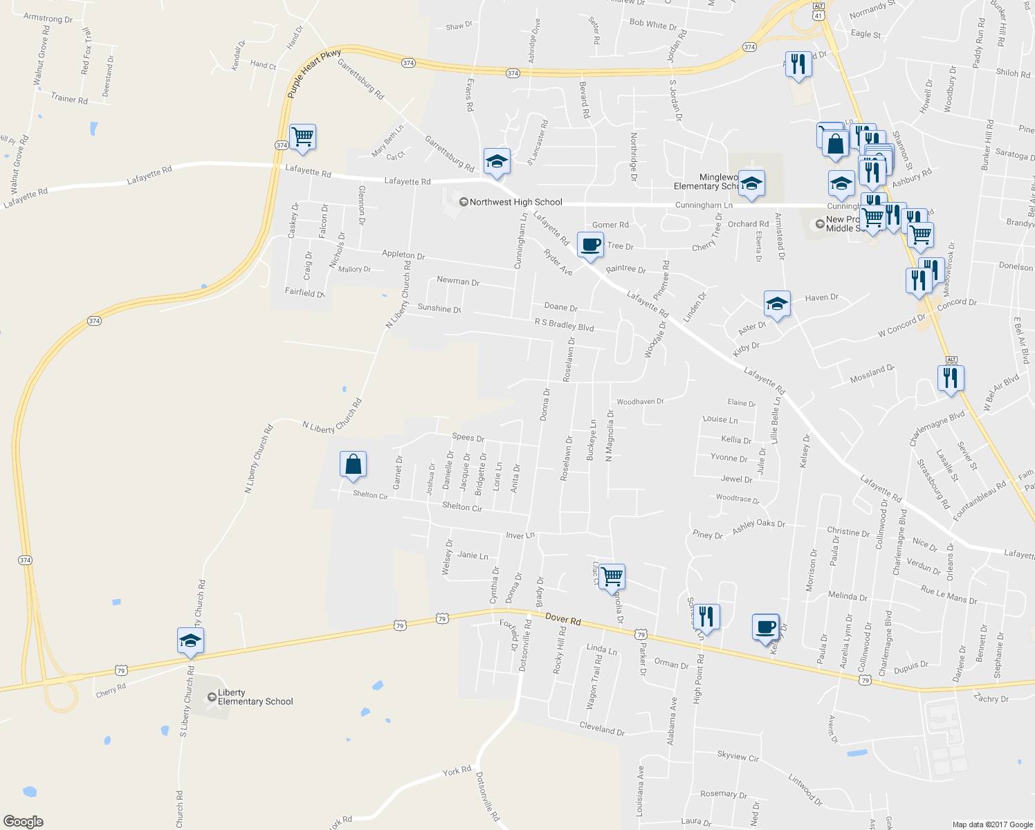 map of restaurants, bars, coffee shops, grocery stores, and more near 707 Anita Court in Clarksville