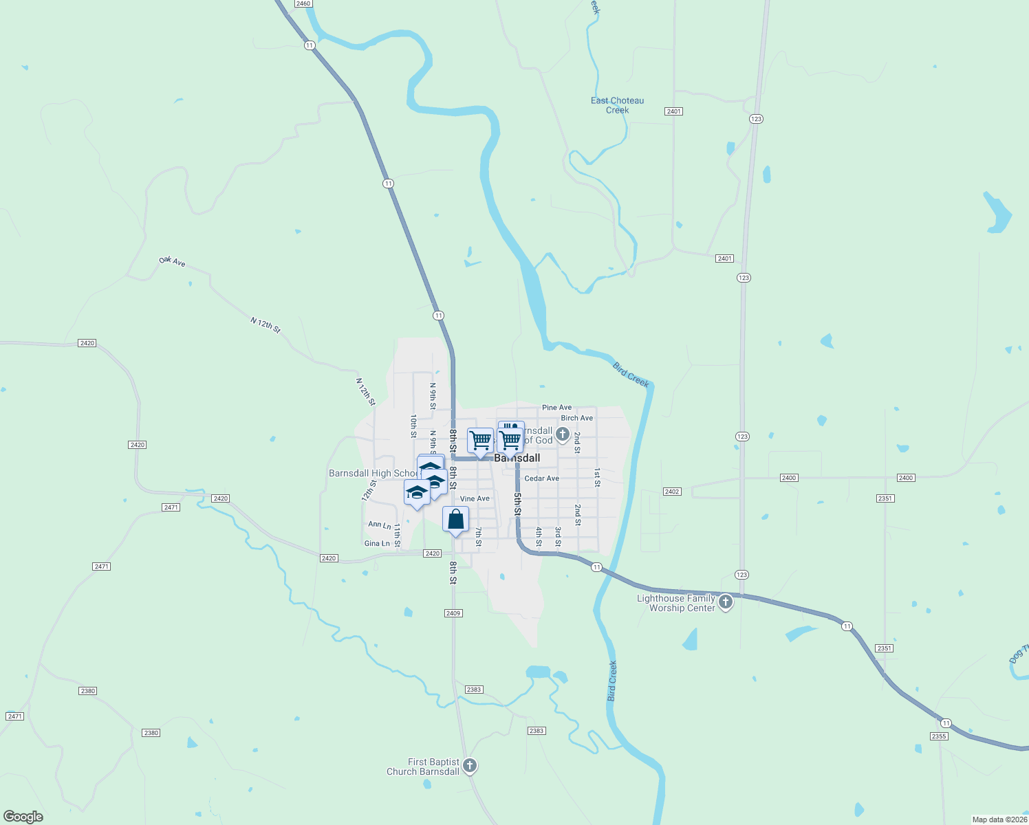 map of restaurants, bars, coffee shops, grocery stores, and more near 500 West Birch Avenue in Barnsdall
