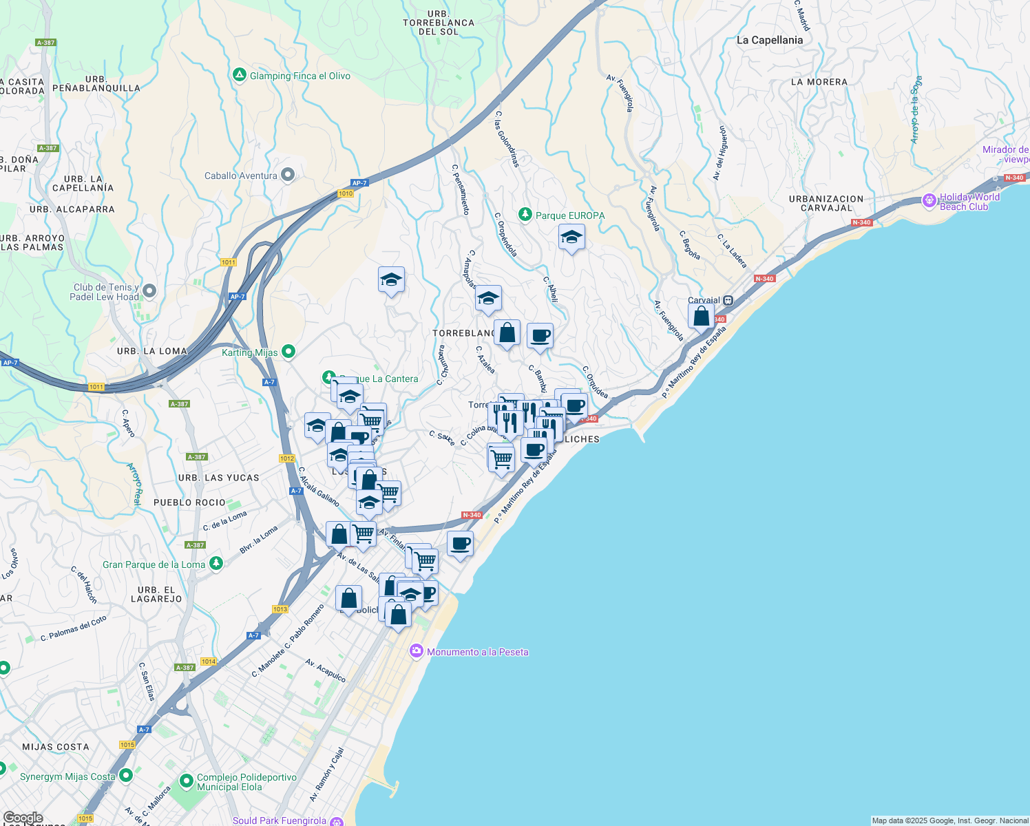 map of restaurants, bars, coffee shops, grocery stores, and more near 1-6 Calle Colina Blanca in Fuengirola