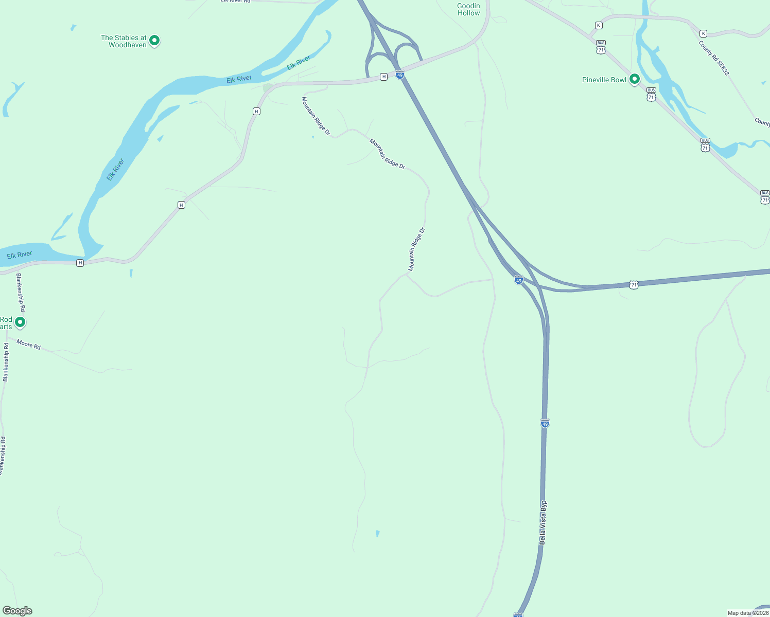 map of restaurants, bars, coffee shops, grocery stores, and more near Mountain Ridge Drive in Noel