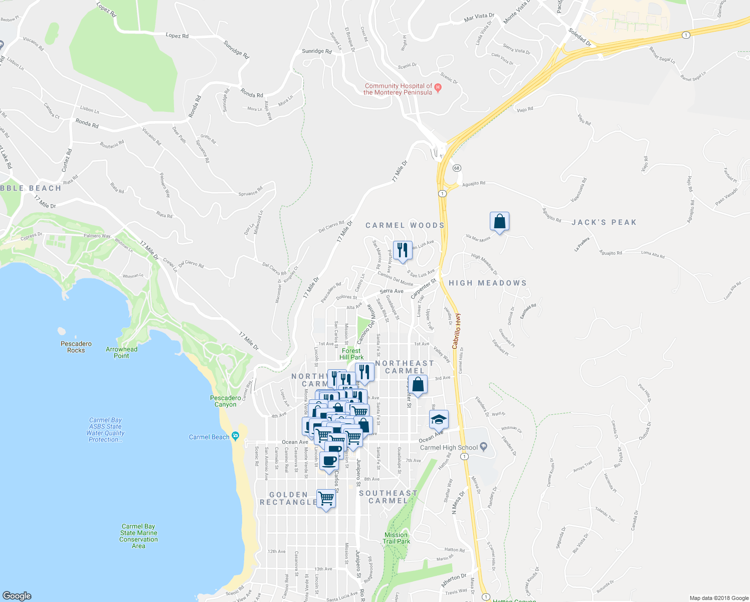 map of restaurants, bars, coffee shops, grocery stores, and more near 24658 Santa Rita Street in Carmel