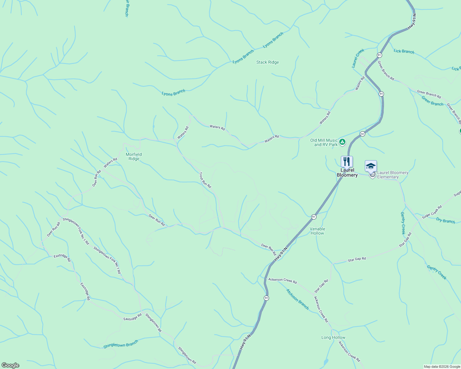 map of restaurants, bars, coffee shops, grocery stores, and more near 146 Trout Run Road in Mountain City
