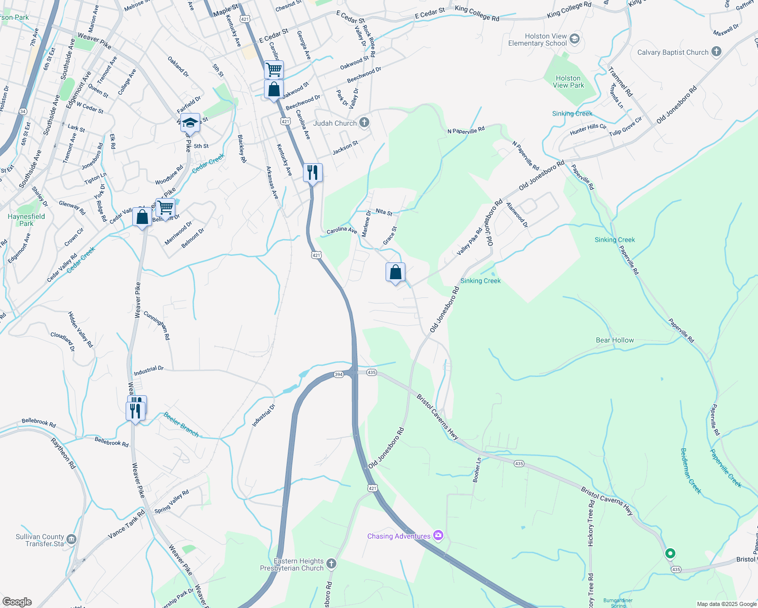 map of restaurants, bars, coffee shops, grocery stores, and more near 2160 Carolina Ave in Bristol