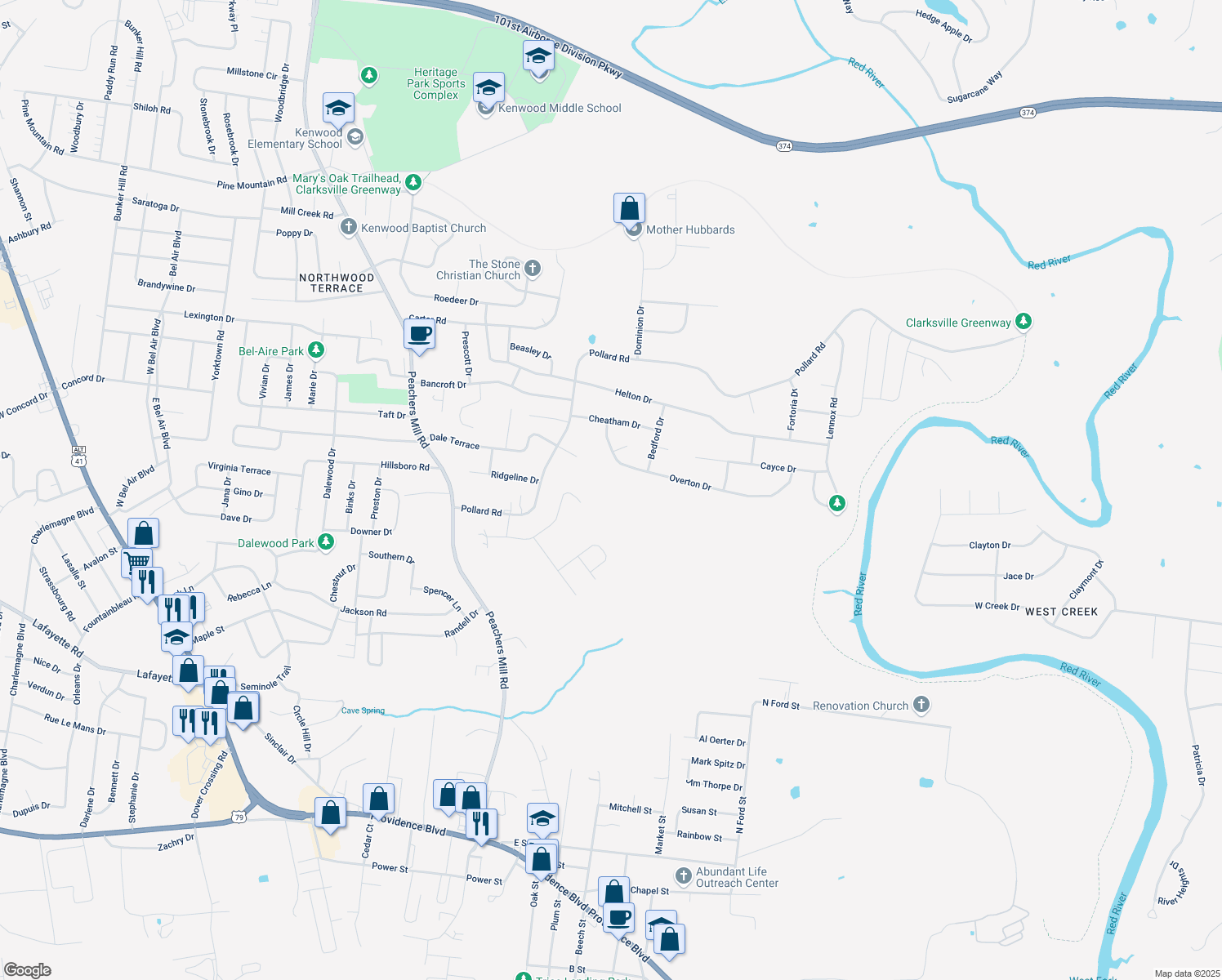 map of restaurants, bars, coffee shops, grocery stores, and more near 516 Overton Drive in Clarksville