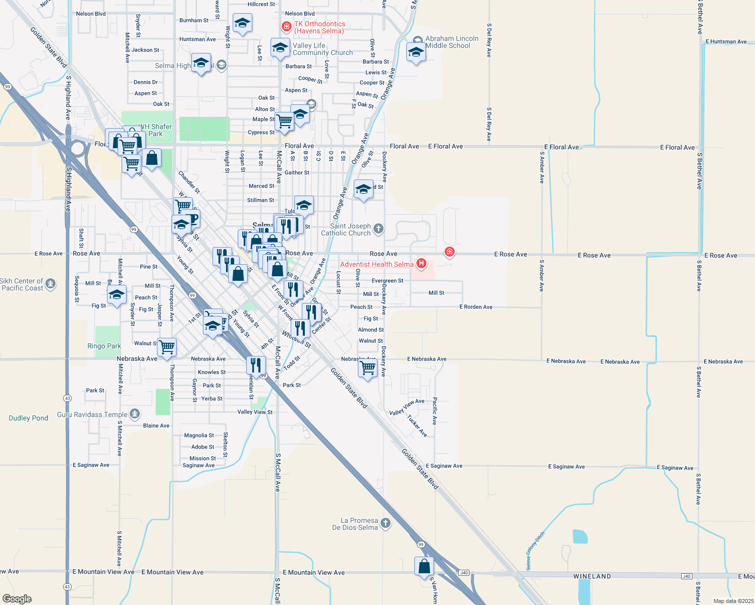map of restaurants, bars, coffee shops, grocery stores, and more near 1320 Peach Street in Selma