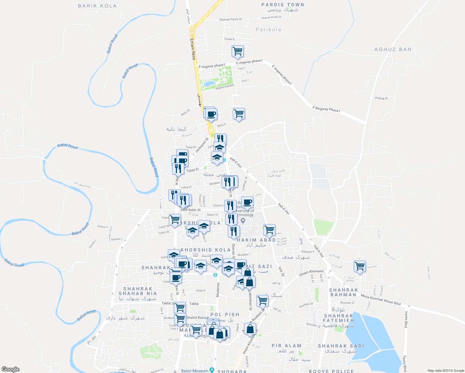 map of restaurants, bars, coffee shops, grocery stores, and more near Shariati Street in Babol