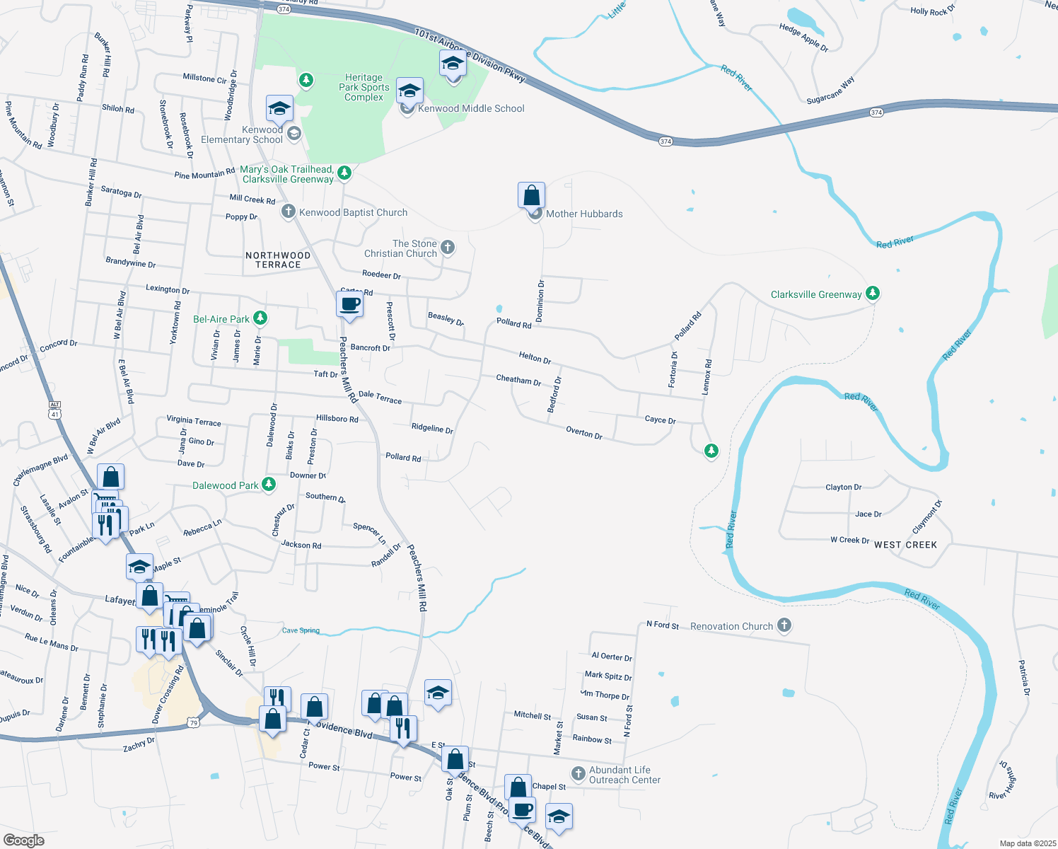 map of restaurants, bars, coffee shops, grocery stores, and more near 516 Overton Drive in Clarksville