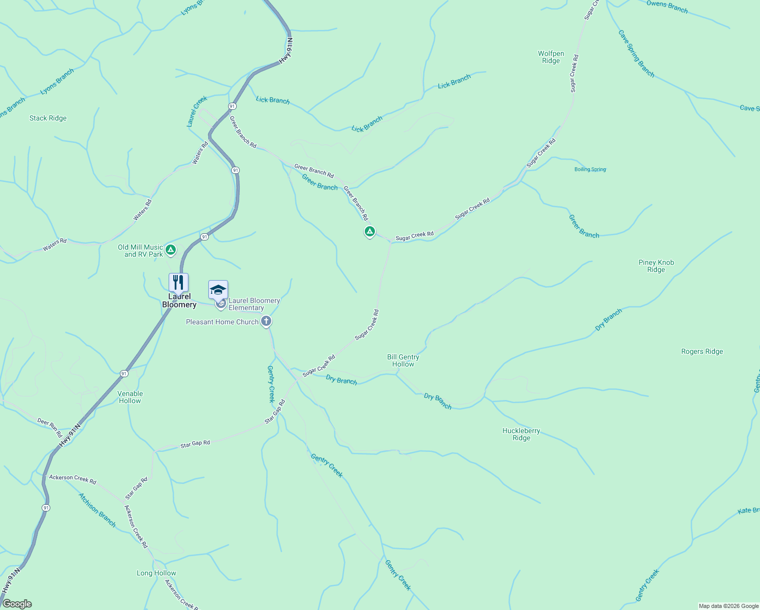 map of restaurants, bars, coffee shops, grocery stores, and more near 642 Sugar Creek Road in Laurel Bloomery